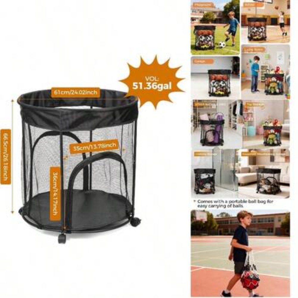 Sports Equipment Garage Organizer - 51.36 Gallon Ball Storage Cart With